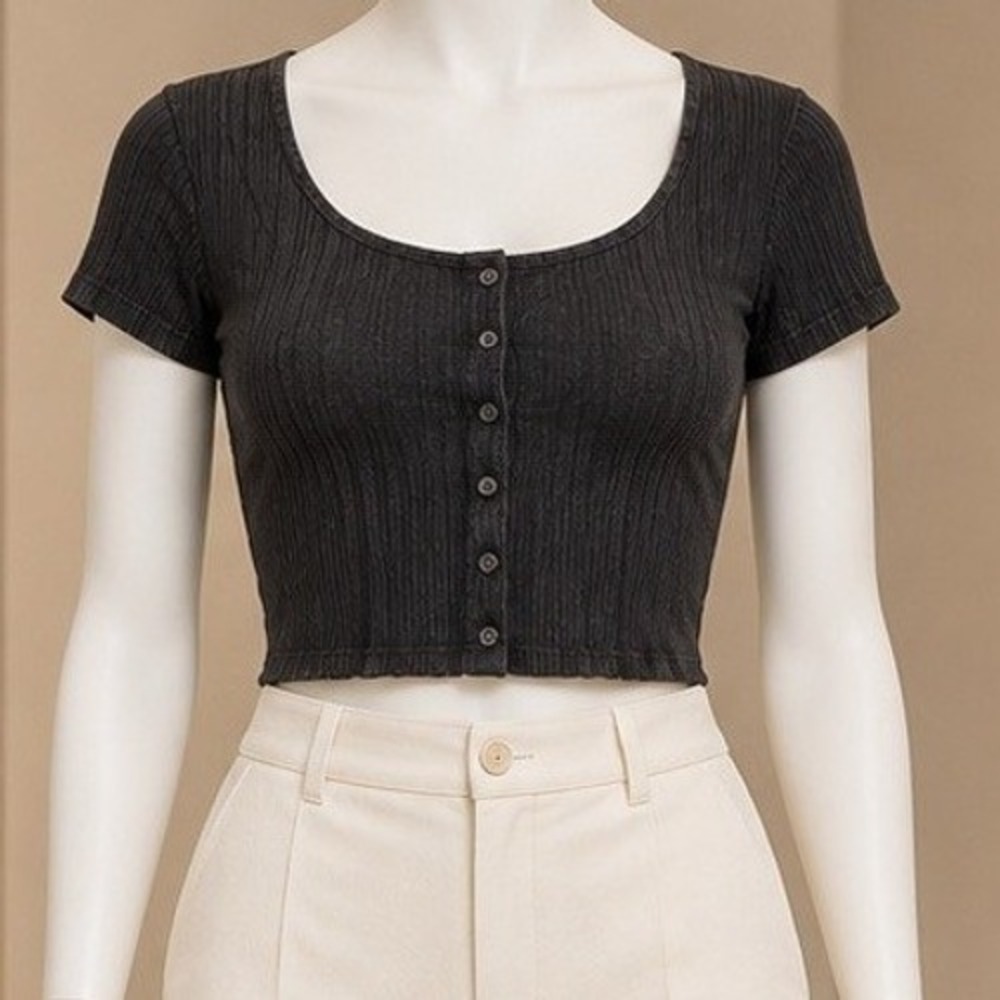 Levi's Womens Crop Top Black Ribbed Button Front Scoop Neck Large